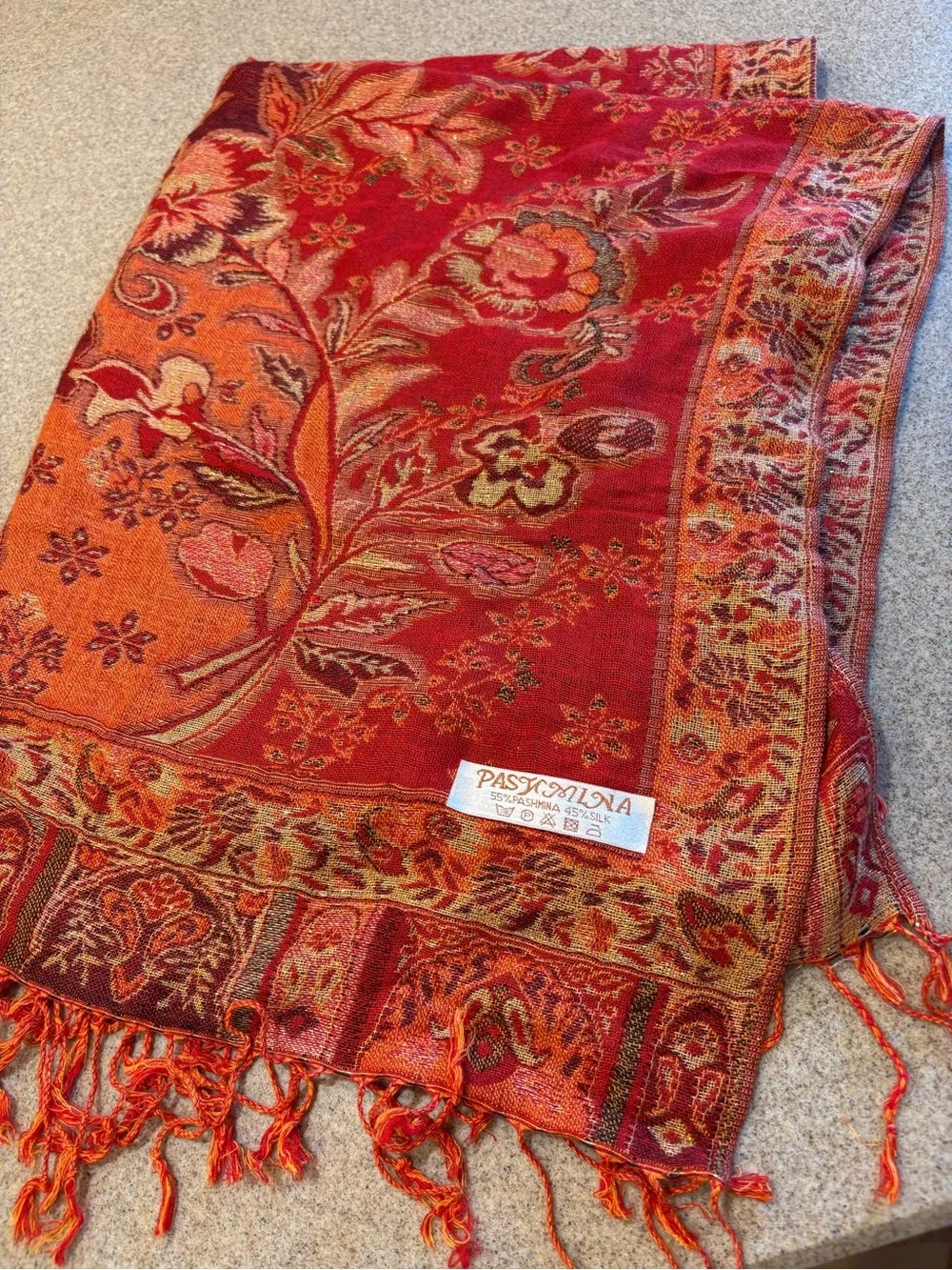 pashmina Red and Orange Floral Paisley Throw with Fringe w gold accents scarf